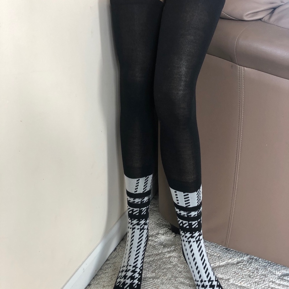 Thigh High Socks Black and White Plaid